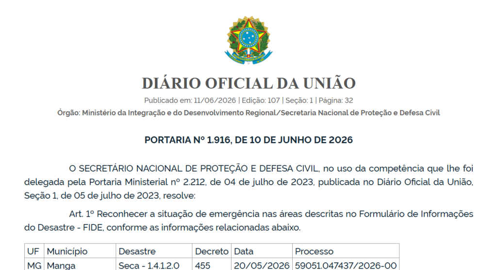 Governo Federal reconhece situação de emergência em Manga devido à seca